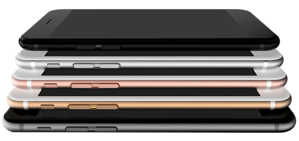 4 throttled iphones standing one lying flat